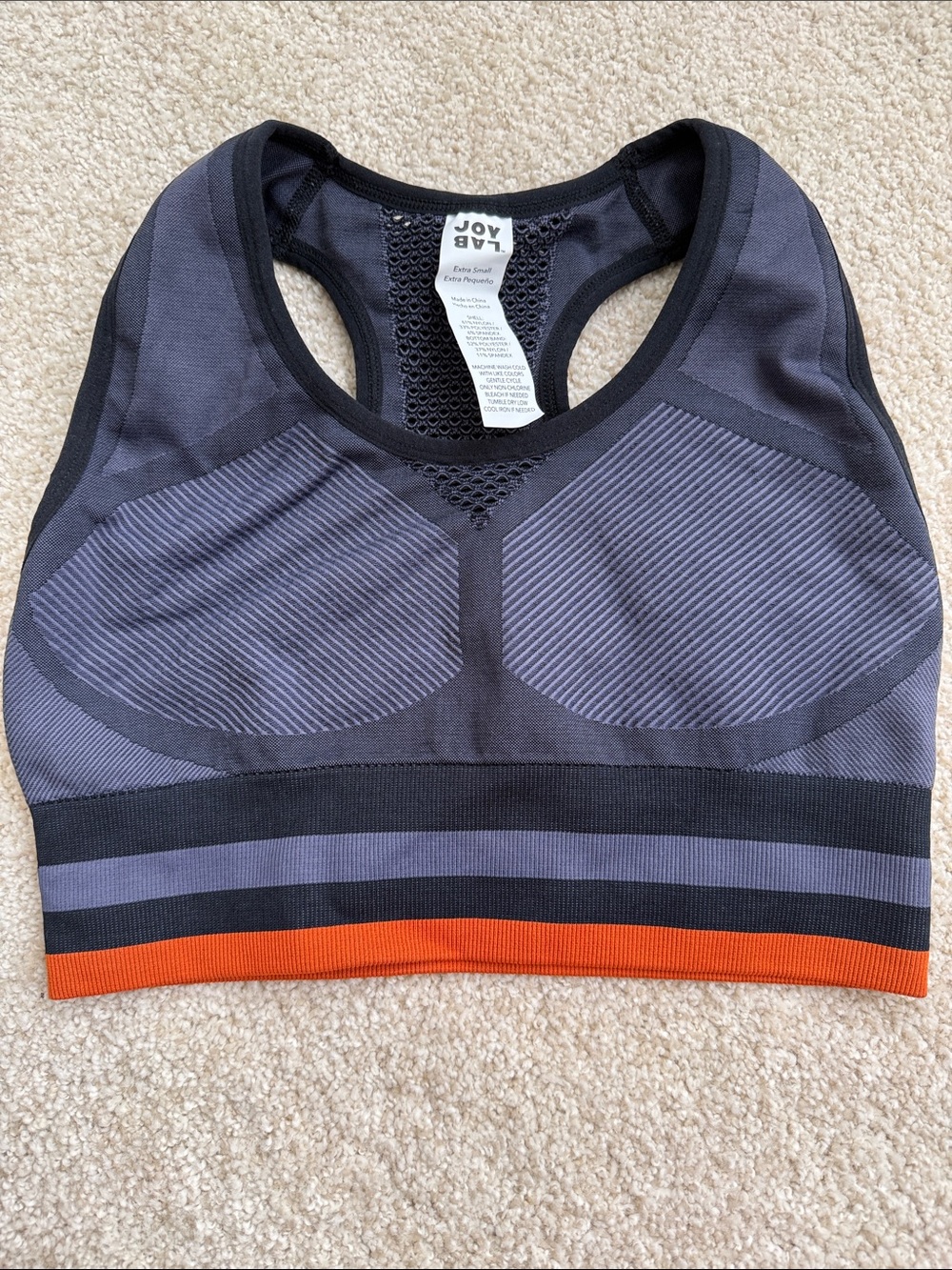 JoyLab Charcoal and Orange Trim Seamless Racerback Sports Bra